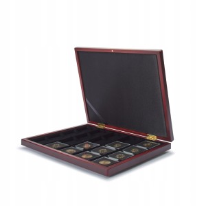 ELEGANCKA KASETA VOLTERRA NA 20 MONET W KAPSLACH QUADRUM MAHOŃ LEUCHTTURM